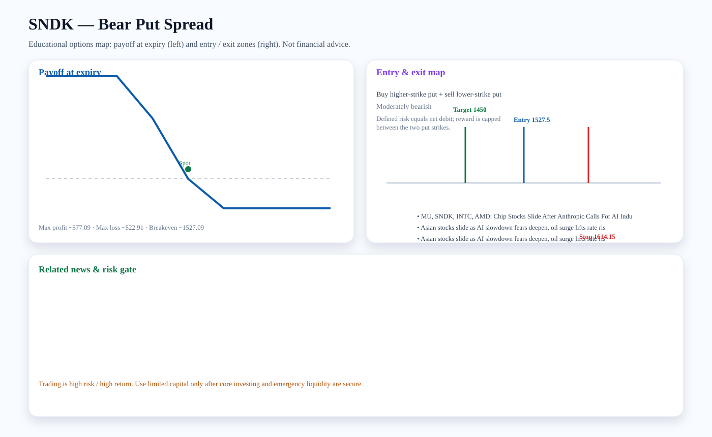 SNDK Bear Put Spread payoff and entry/exit map
